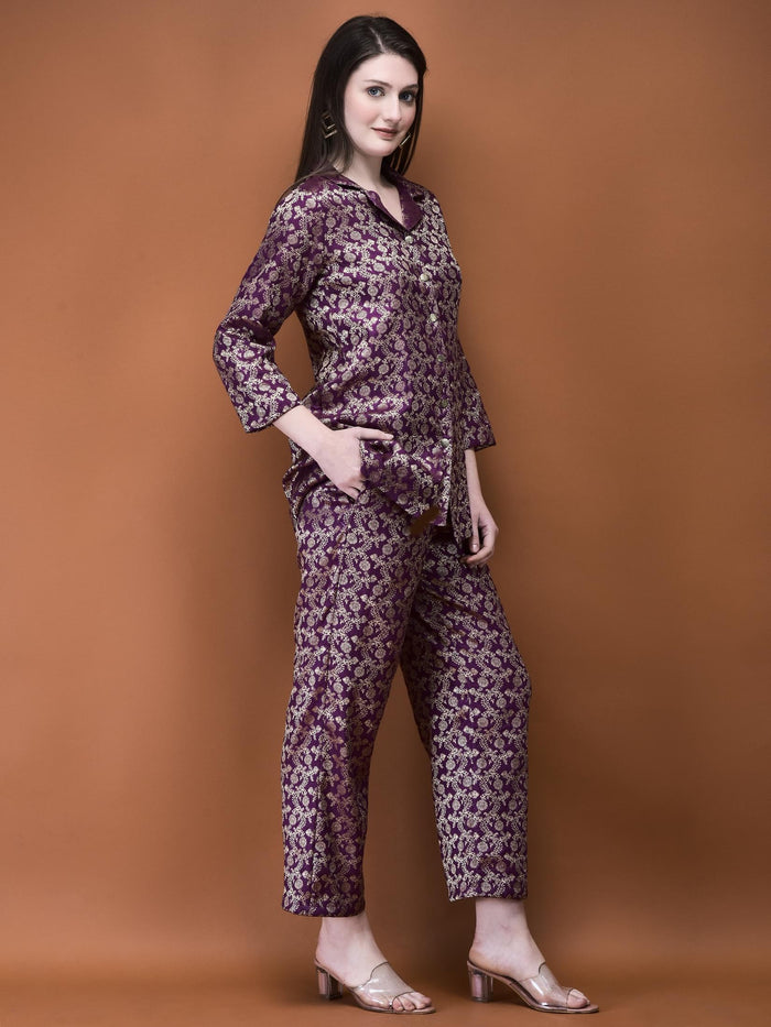 Women Jacquard Purple Woven Co-Ord Set.