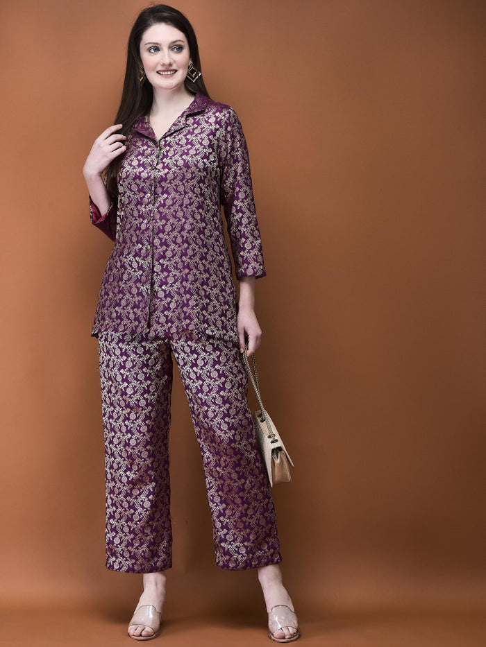 Women Jacquard Purple Woven Co-Ord Set.