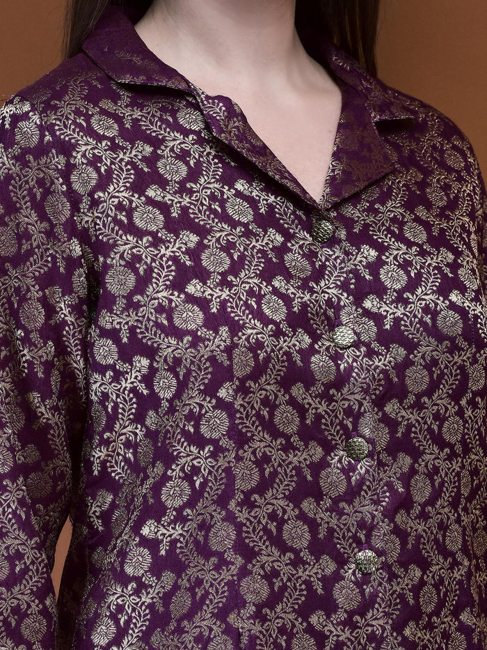 Women Jacquard Purple Woven Co-Ord Set.