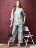Women Khadi Silk Blue Floral Print Co-Ord Set.
