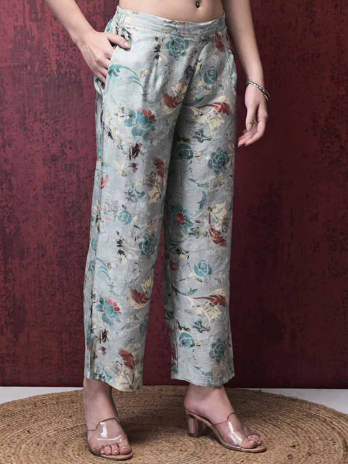 Women Khadi Silk Blue Floral Print Co-Ord Set.