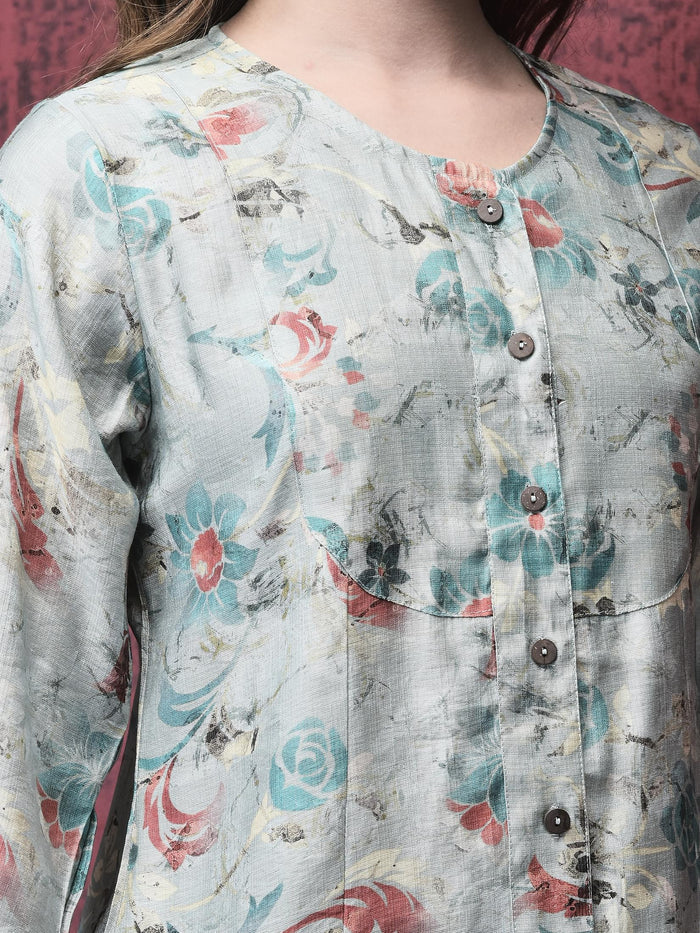 Women Khadi Silk Blue Floral Print Co-Ord Set.
