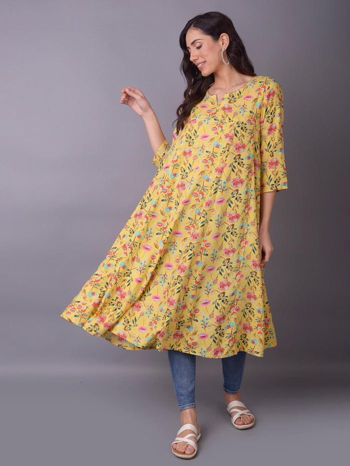 Women Lemon Yellow Floral Printed Kurta.