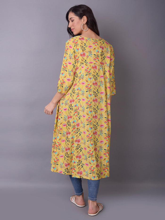 Women Lemon Yellow Floral Printed Kurta.