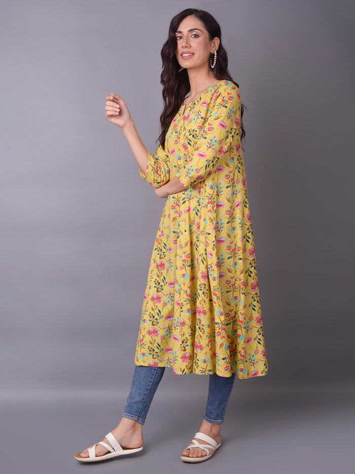 Women Lemon Yellow Floral Printed Kurta.