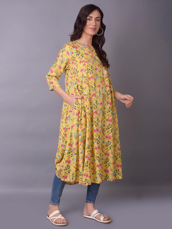 Women Lemon Yellow Floral Printed Kurta.