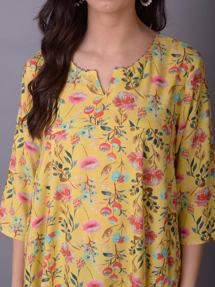 Women Lemon Yellow Floral Printed Kurta.
