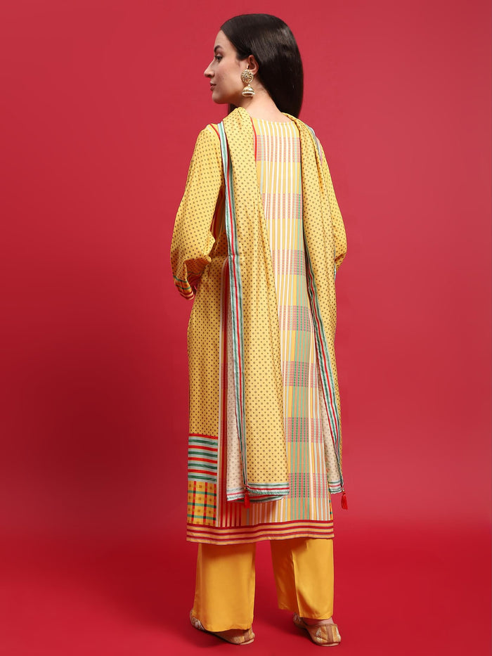 Women Lemon Yellow Multi Liva Rayon Kurta Comfort Pant Dupatta.