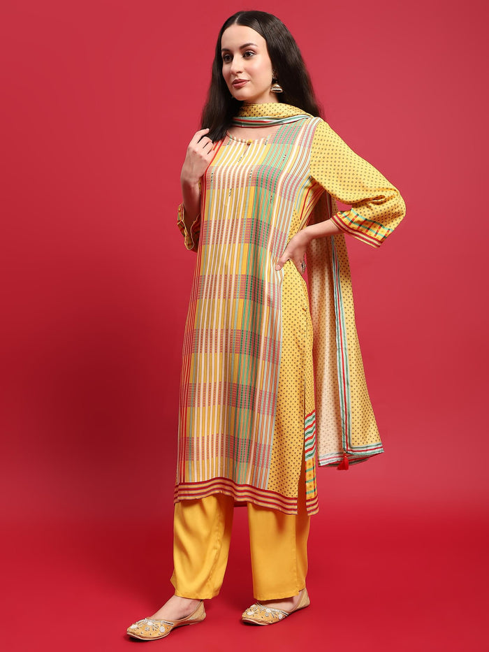 Women Lemon Yellow Multi Liva Rayon Kurta Comfort Pant Dupatta.