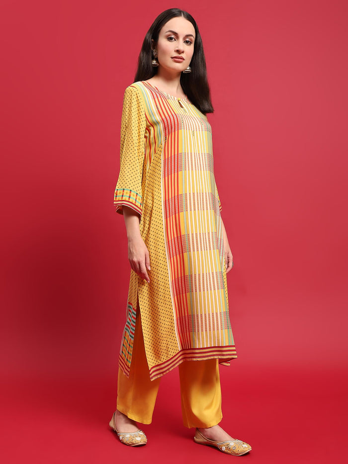 Women Lemon Yellow Multi Liva Rayon Kurta Comfort Pant Dupatta.