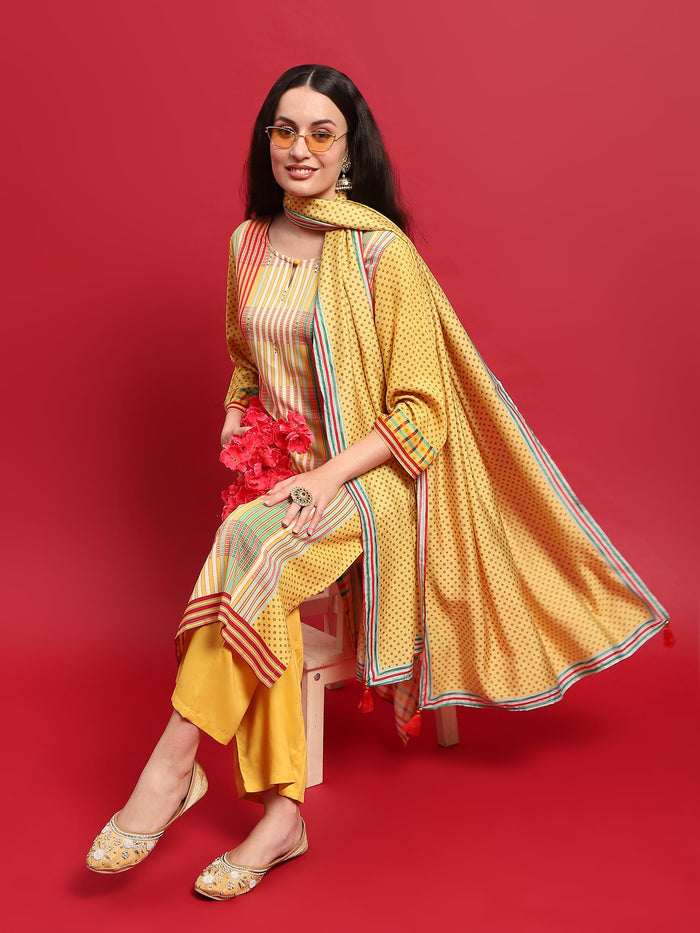 Women Lemon Yellow Multi Liva Rayon Kurta Comfort Pant Dupatta.