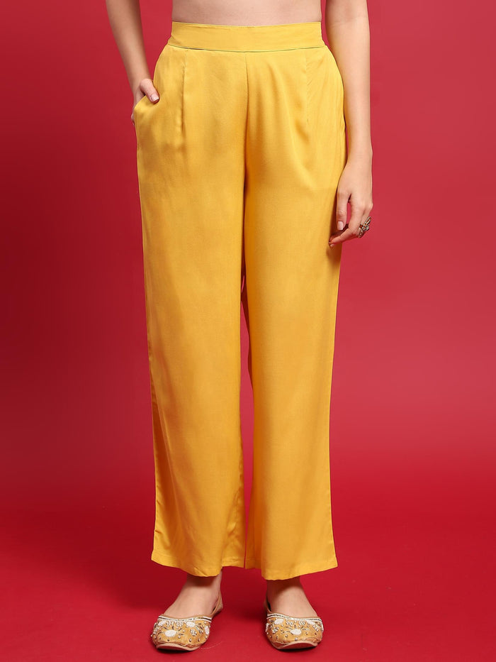 Women Lemon Yellow Multi Liva Rayon Kurta Comfort Pant Dupatta.