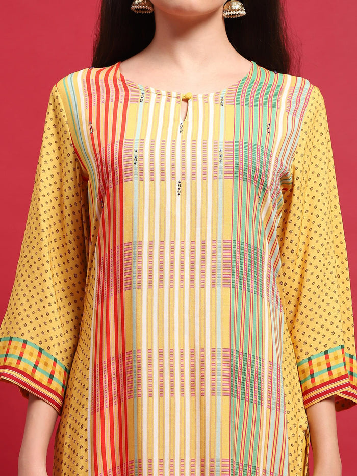 Women Lemon Yellow Multi Liva Rayon Kurta Comfort Pant Dupatta.