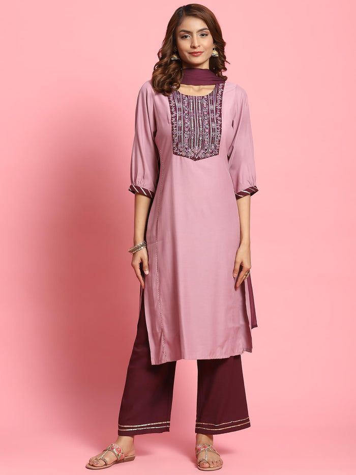 Women Lilac Embroidered Kurta Wide Pant Dupatta.