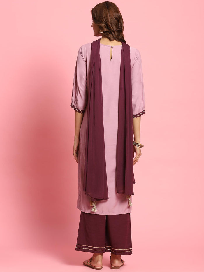 Women Lilac Embroidered Kurta Wide Pant Dupatta.