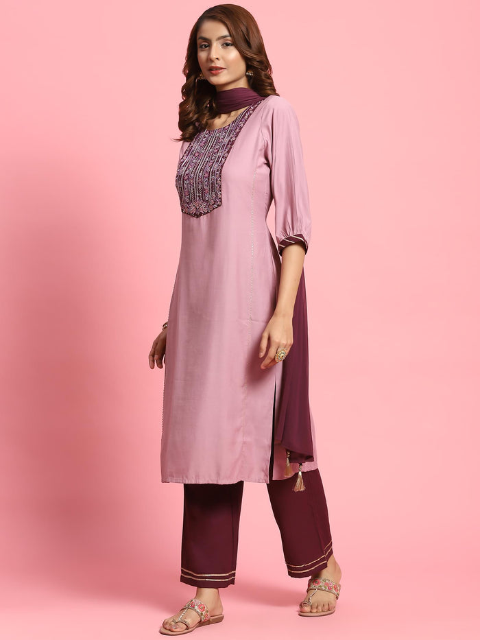 Women Lilac Embroidered Kurta Wide Pant Dupatta.