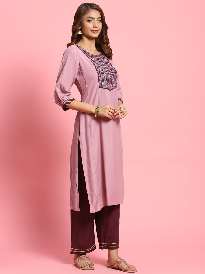 Women Lilac Embroidered Kurta Wide Pant Dupatta.