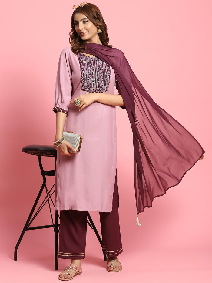 Women Lilac Embroidered Kurta Wide Pant Dupatta.