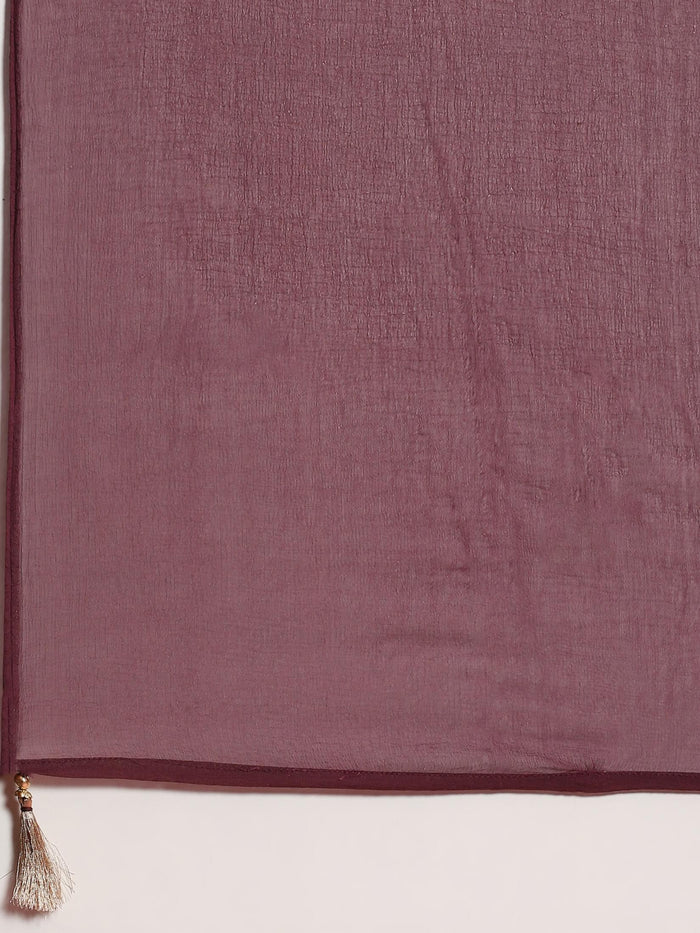 Women Lilac Embroidered Kurta Wide Pant Dupatta.