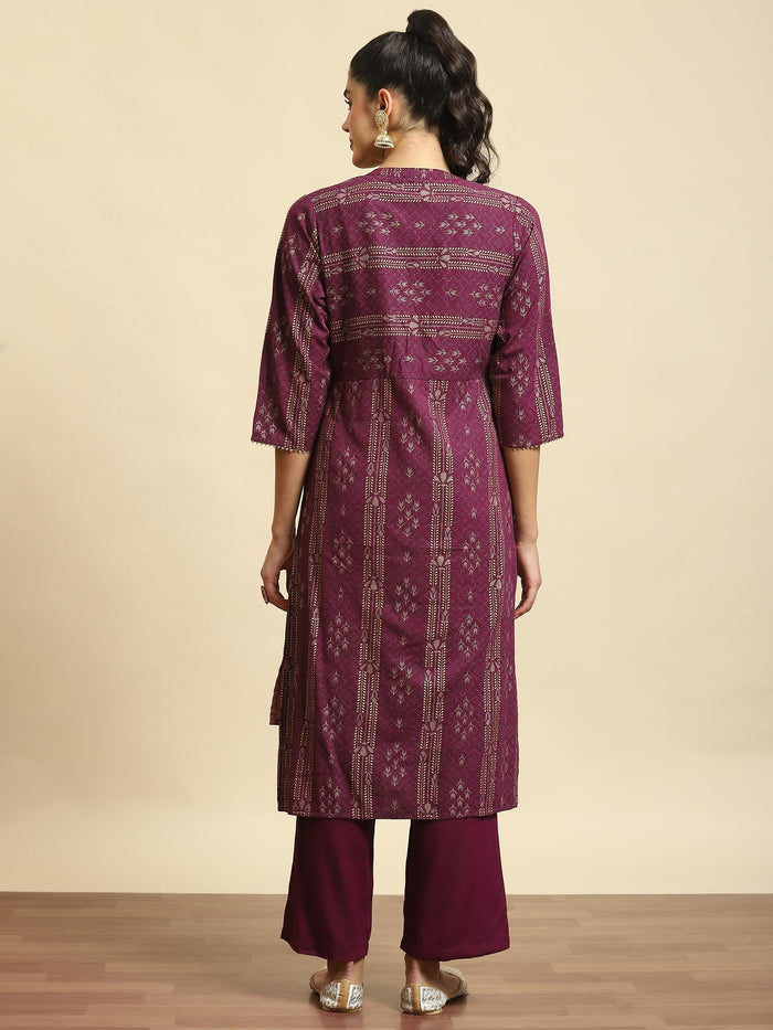 Women Lilac Geometric Print Kurta Jacket Comfort Pant.