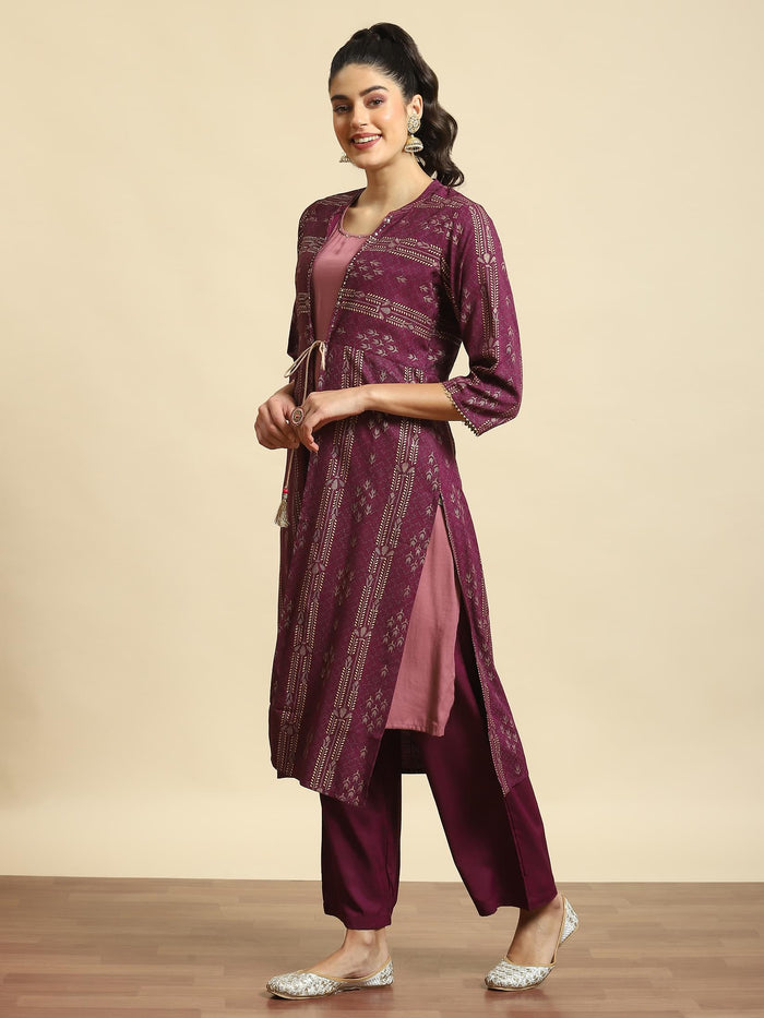 Women Lilac Geometric Print Kurta Jacket Comfort Pant.