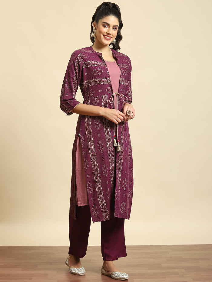 Women Lilac Geometric Print Kurta Jacket Comfort Pant.