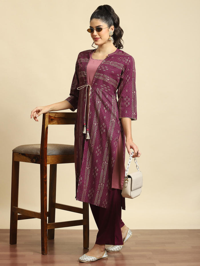 Women Lilac Geometric Print Kurta Jacket Comfort Pant.