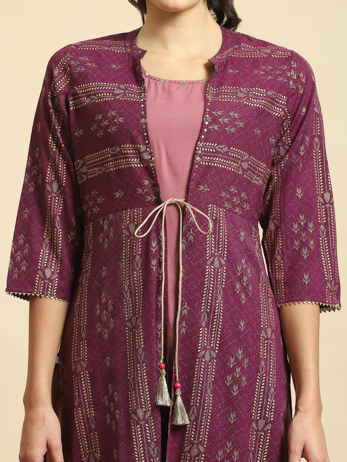 Women Lilac Geometric Print Kurta Jacket Comfort Pant.