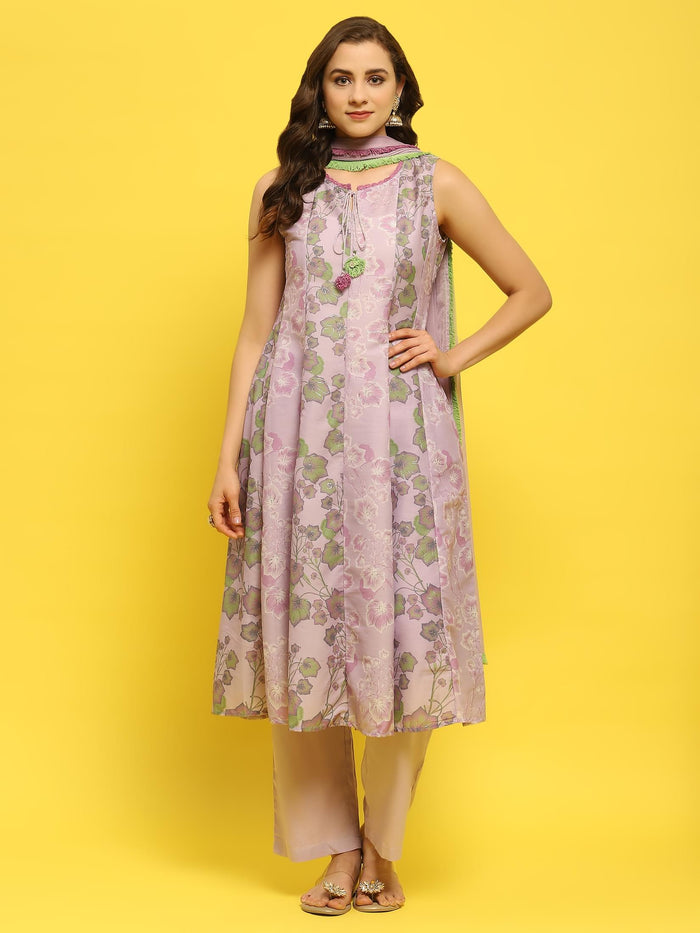 Women Lilac Muslin Kurta Comfort Pant Dupatta.