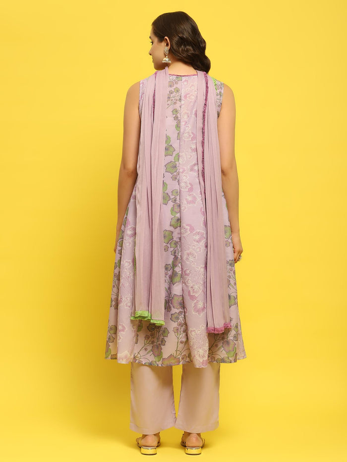 Women Lilac Muslin Kurta Comfort Pant Dupatta.