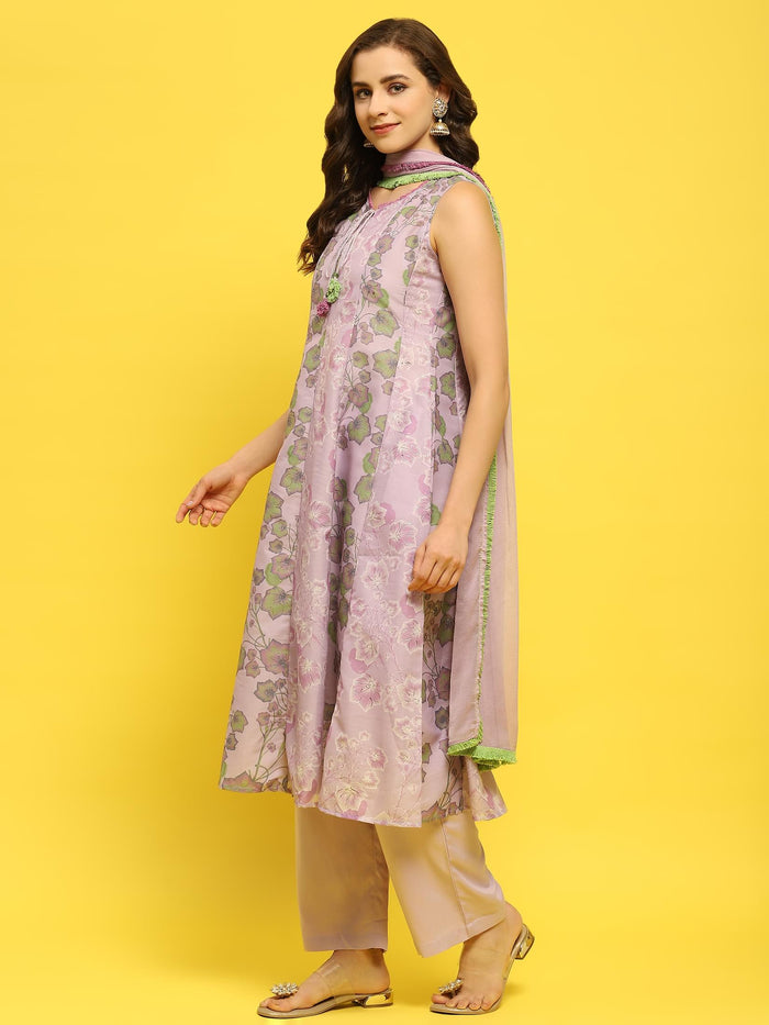 Women Lilac Muslin Kurta Comfort Pant Dupatta.