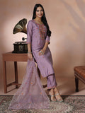 Women Lilac Silk Blend Embroidered Kurta Comfort Pant Dupatta.