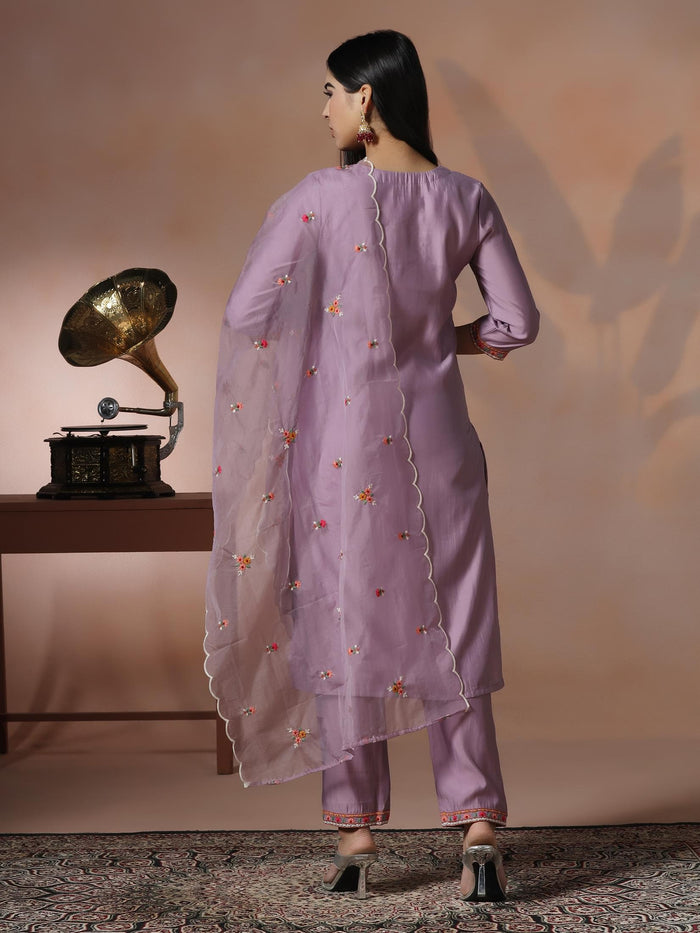 Women Lilac Silk Blend Embroidered Kurta Comfort Pant Dupatta.