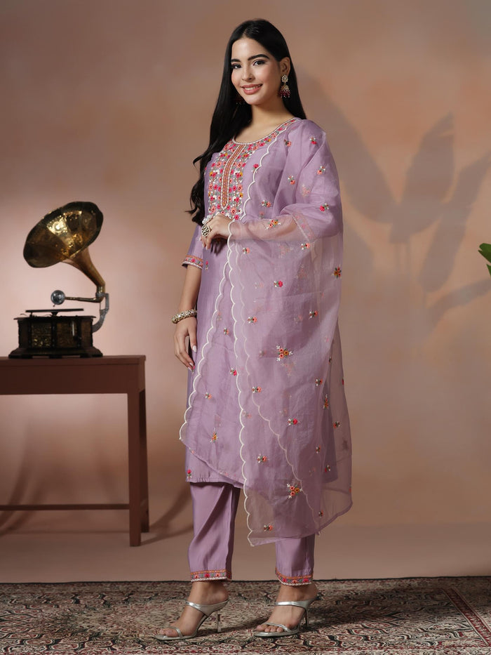 Women Lilac Silk Blend Embroidered Kurta Comfort Pant Dupatta.