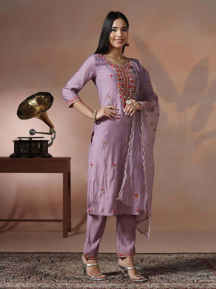 Women Lilac Silk Blend Embroidered Kurta Comfort Pant Dupatta.