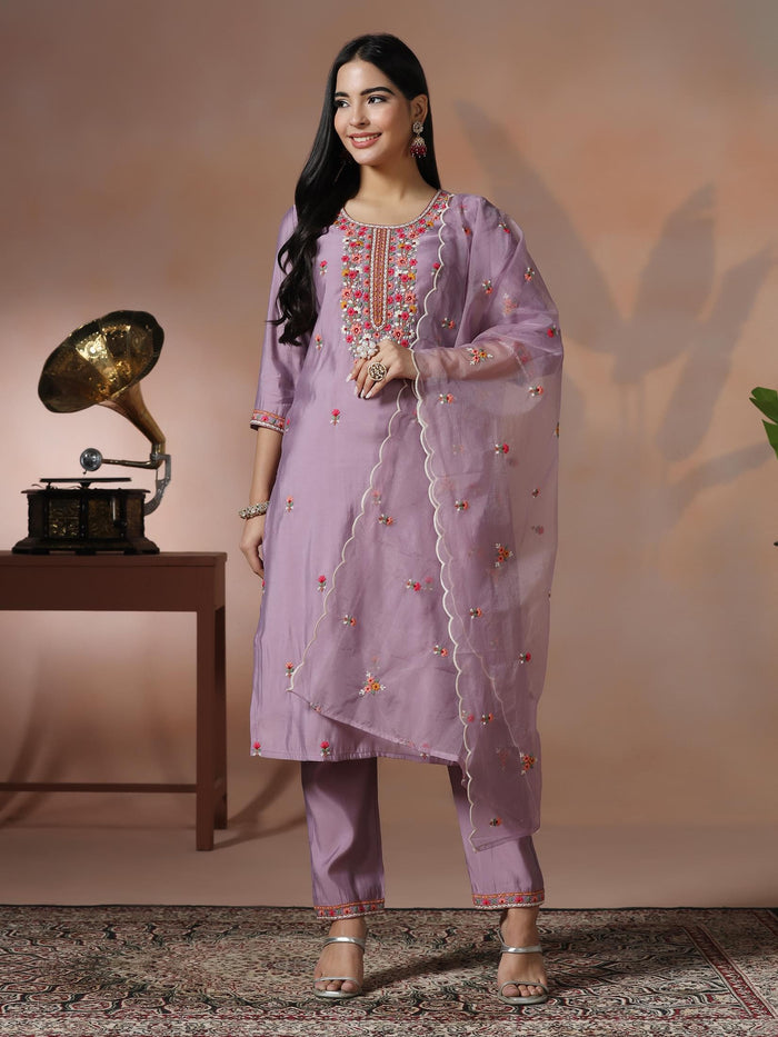 Women Lilac Silk Blend Embroidered Kurta Comfort Pant Dupatta.