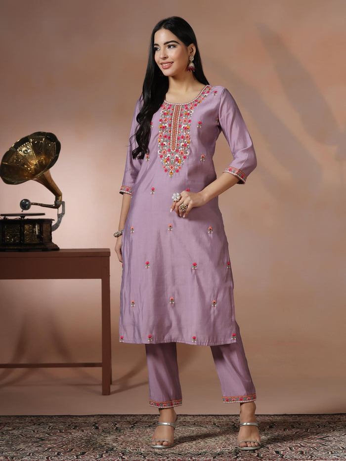 Women Lilac Silk Blend Embroidered Kurta Comfort Pant Dupatta.