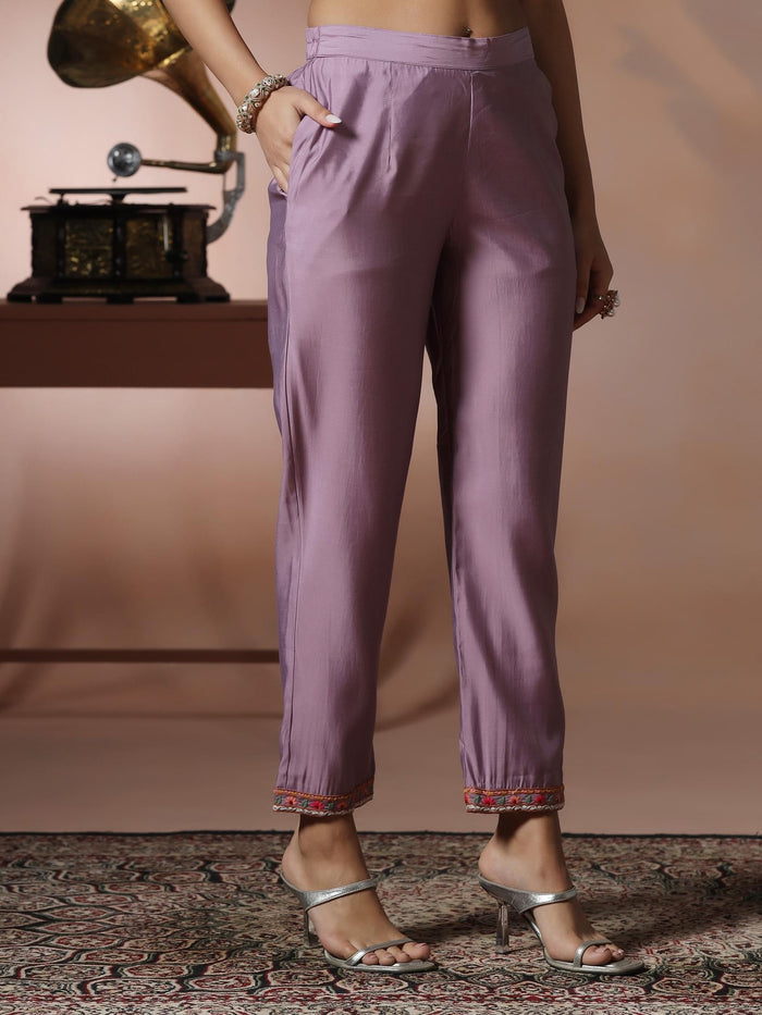 Women Lilac Silk Blend Embroidered Kurta Comfort Pant Dupatta.