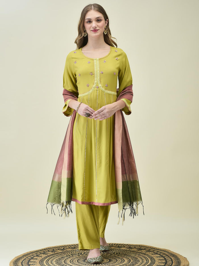 Women Lime Green Soild Kurta Comfort Pant Dupatta.