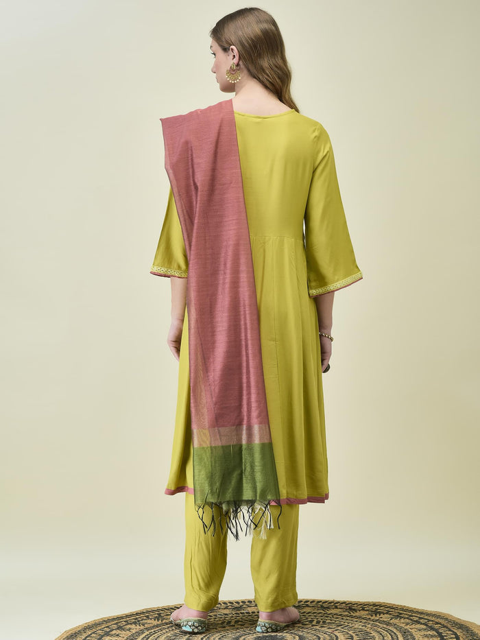 Women Lime Green Soild Kurta Comfort Pant Dupatta.