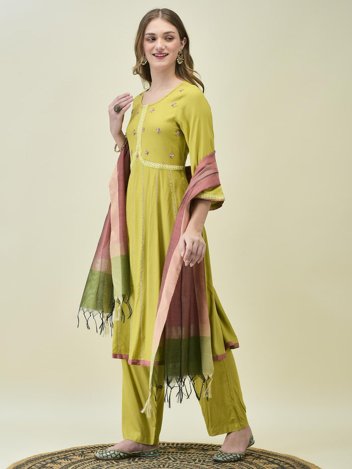 Women Lime Green Soild Kurta Comfort Pant Dupatta.