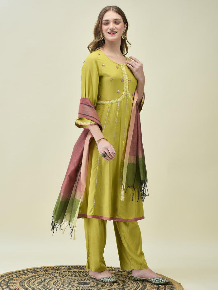 Women Lime Green Soild Kurta Comfort Pant Dupatta.