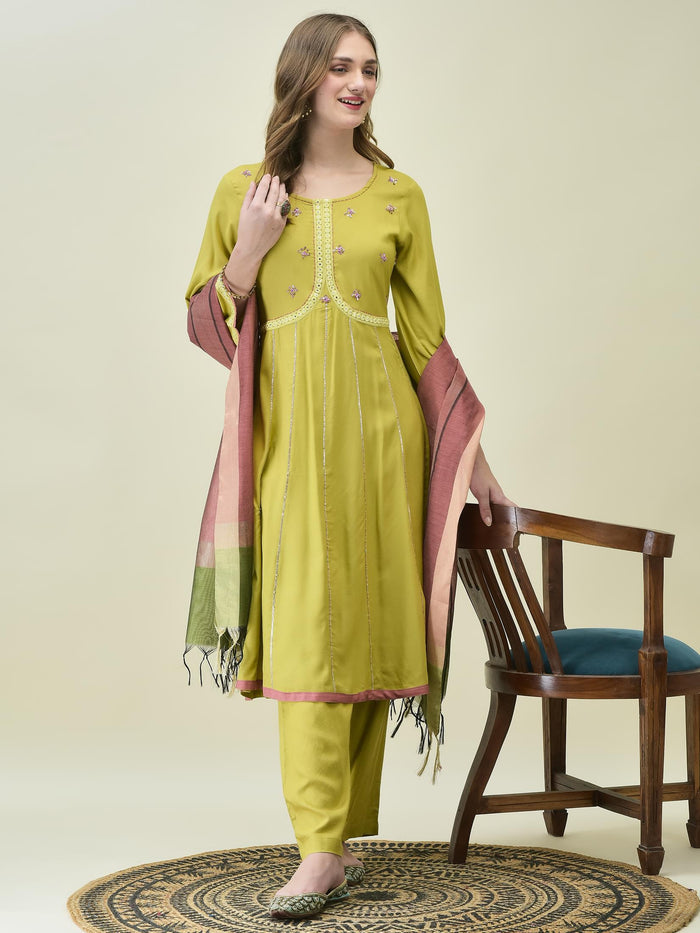 Women Lime Green Soild Kurta Comfort Pant Dupatta.
