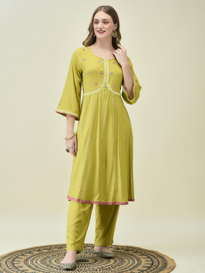 Women Lime Green Soild Kurta Comfort Pant Dupatta.