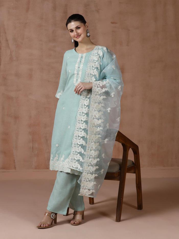 Women Linen Aqua Solid embroidered Kurta Comfort Pant Dupatta.