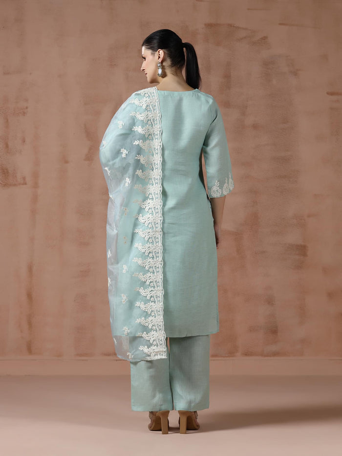Women Linen Aqua Solid embroidered Kurta Comfort Pant Dupatta.