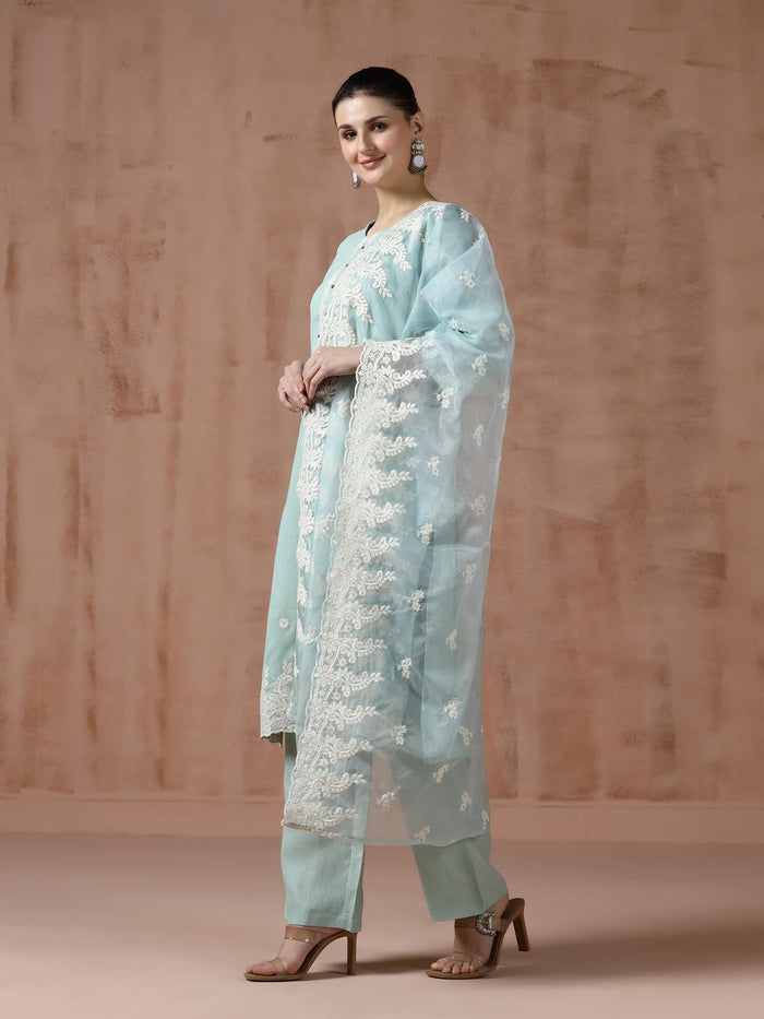 Women Linen Aqua Solid embroidered Kurta Comfort Pant Dupatta.
