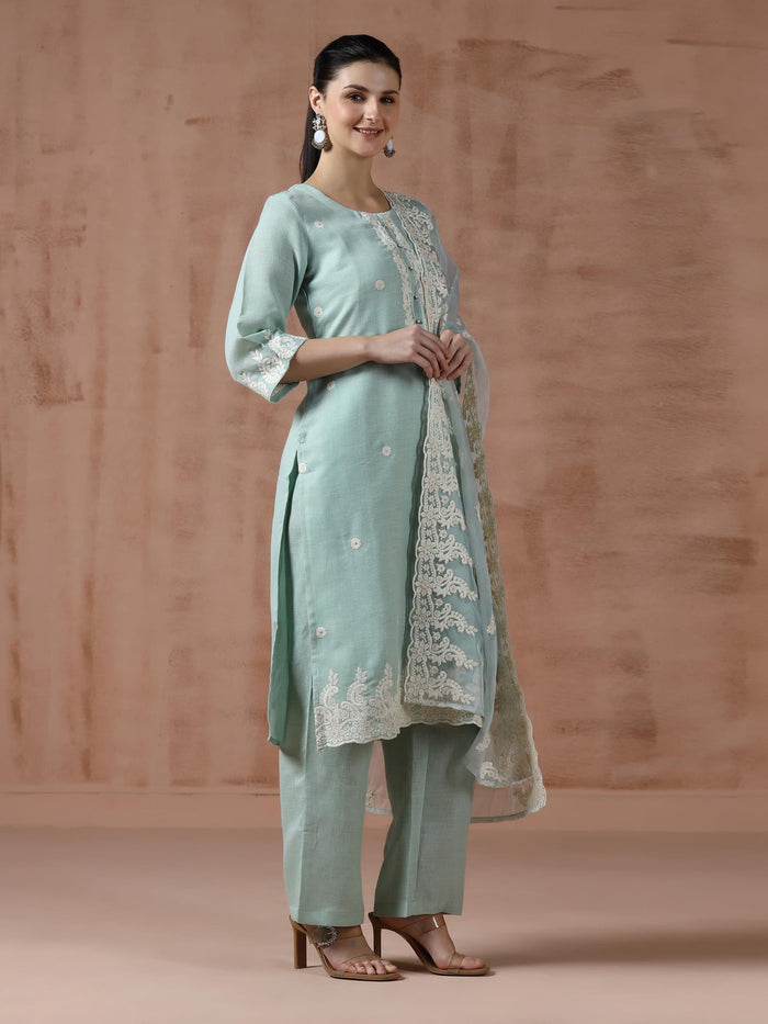 Women Linen Aqua Solid embroidered Kurta Comfort Pant Dupatta.