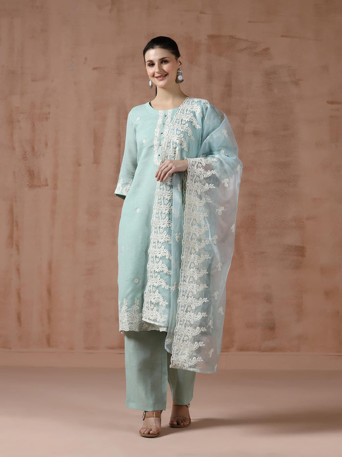 Women Linen Aqua Solid embroidered Kurta Comfort Pant Dupatta.