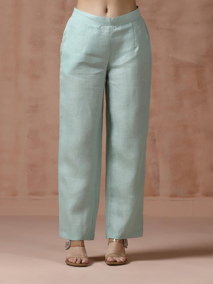 Women Linen Aqua Solid embroidered Kurta Comfort Pant Dupatta.
